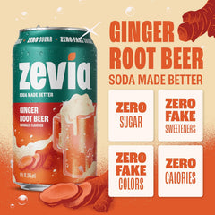 Zevia Zero Sugar Soda, Ginger Root Beer, 12 oz Cans (8-Pack) – Naturally Sweetened, Non-GMO Project Verified, Gluten-Free, Vegan