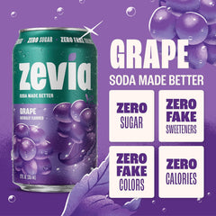 Zevia Zero Sugar Soda, Grape, 12 oz Cans (24-Pack) – Naturally Sweetened, Zero Calorie Sugar Free Soda - Non-GMO Project Verified, Gluten-Free, Vegan