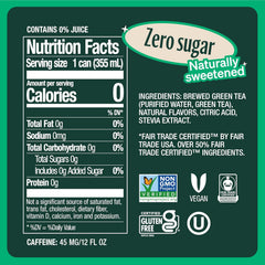 Zevia Zero Sugar Tea, Green Tea, 12 oz Cans (12-Pack) – Naturally Sweetened, Zero Calorie Sugar Free - Non-GMO Project Verified, Gluten-Free, Vegan